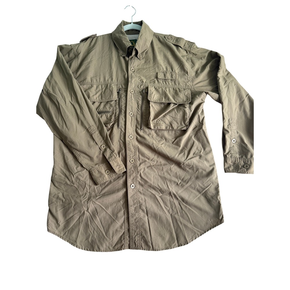 Cabelas Guidewear Mens Medium Regular Khaki Nylon Long Sleeve Fishing Shirt